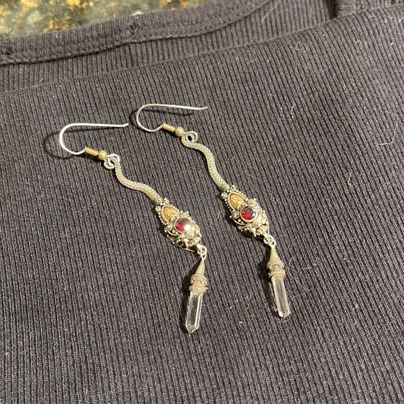 Sterling Silver, Gold, Garnet with a dangling Crystal, Snake Earrings.! - Picture 1 of 7